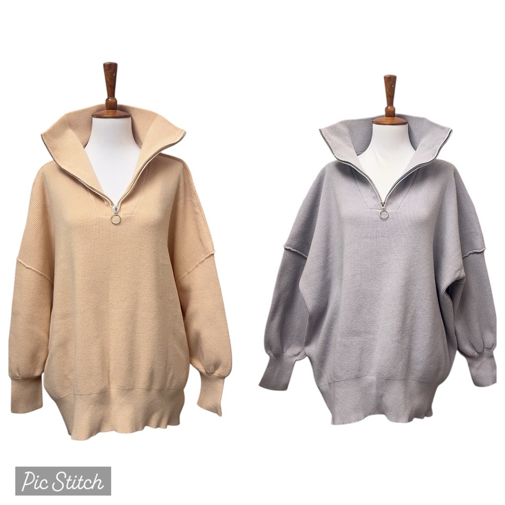 Lillusory Oversized Dropped Shoulder Quarter Zip Sweater in Cream and Gray
